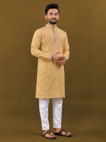 ATTRACTIVE MATKA SILK SILVER JARI WITH EMBROIDERY BUTI  KURTA PAYJAMA YELLOW