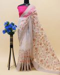 ATTRACTIVE ORGANZA SILK THREAD AND ZARI-DORI WORK SAREE WITH UNSTITCHED BLOUSE CREAM
