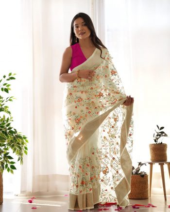 ATTRACTIVE ORGANZA SILK THREAD AND ZARI-DORI WORK SAREE WITH UNSTITCHED BLOUSE SEA GREEN