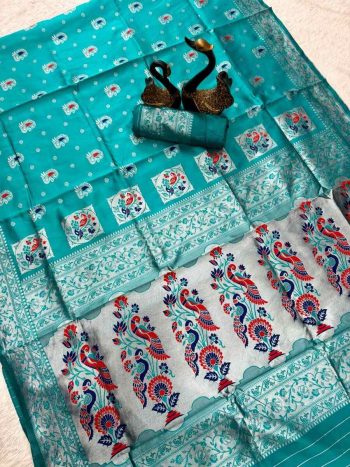 ATTRACTIVE PAITHANI SILK ZARI MEENAKARI WEAVING SAREE WITH UNSTITCHED BLOUSE RAMA