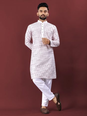 ATTRACTIVE SILK MULTI COLOUR THREAD EMBROIDERY WITH SEQUENCE WORK KURTA PAYJAMA LAVENDER