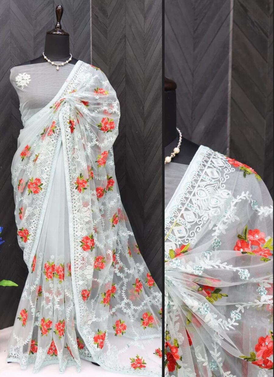 4DESIGNER BUTTERFLY NET THREAD AND AARI EMBROIDERY WORK WITH STONE WORK SAREE WITH UNSTITCHED BLOUSE FESTIVAL WEAR WHOLESALE PRICE ETHNIC GARMENT (43)