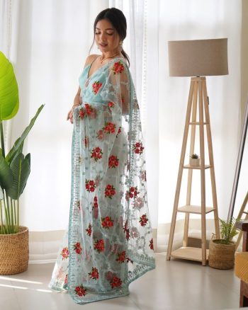 DESIGNER BUTTERFLY NET THREAD AND AARI EMBROIDERY WORK WITH STONE WORK SAREE WITH UNSTITCHED BLOUSE SKY