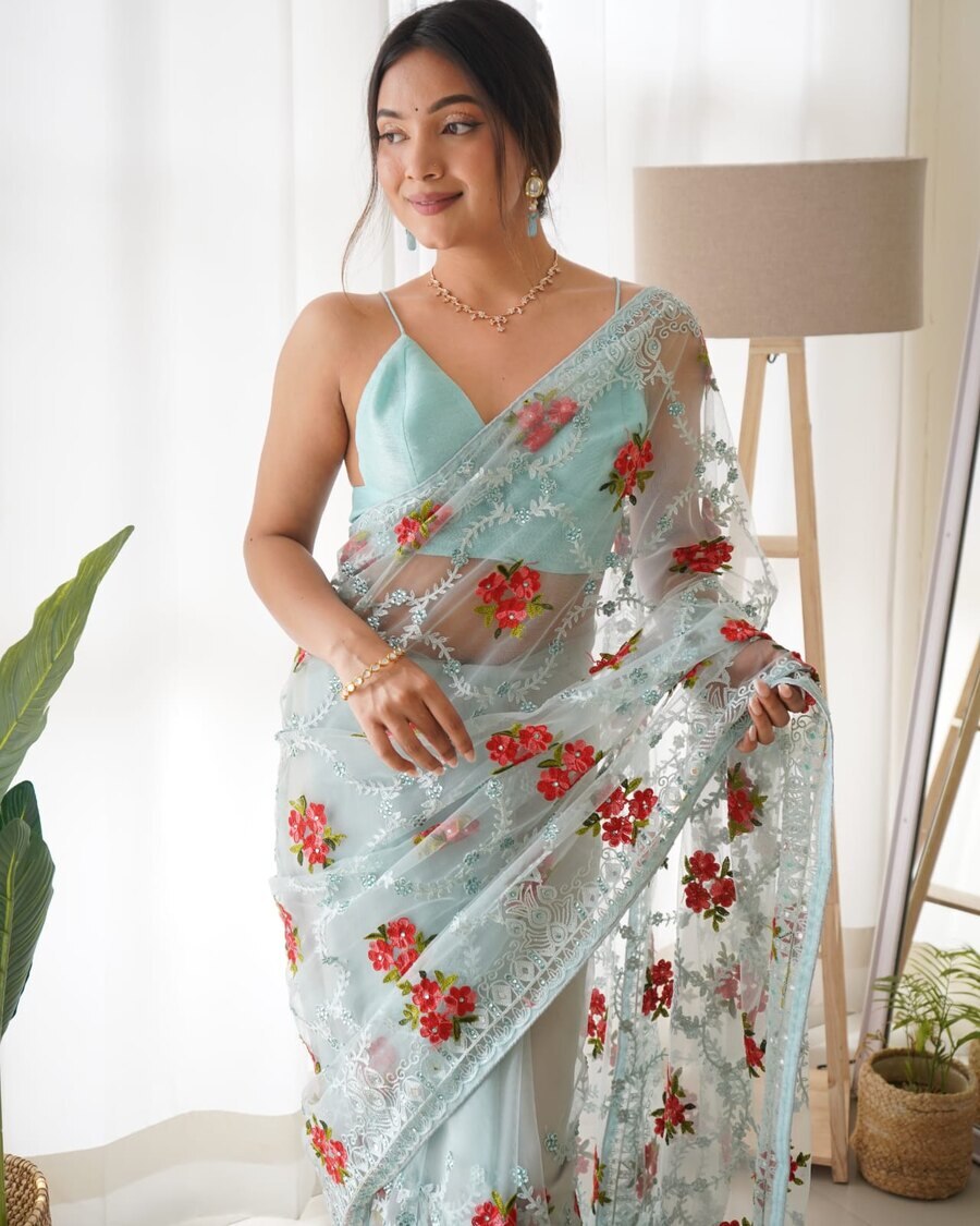 4DESIGNER BUTTERFLY NET THREAD AND AARI EMBROIDERY WORK WITH STONE WORK SAREE WITH UNSTITCHED BLOUSE FESTIVAL WEAR WHOLESALE PRICE ETHNIC GARMENT (45)