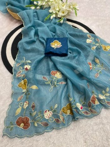 DESIGNER CRUNCHY CHIFFON MULTI COLOR PATCH AND HANDWORK BORDER SAREE WITH UNSTITCHED BLOUSE RAMA