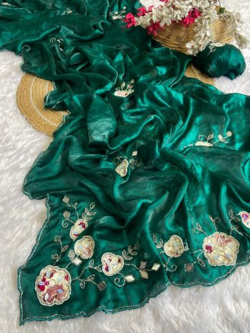 DESIGNER FENDY SATIN HAND WORK AND PATCH WORK SAREE WITH UNSTITCHED BLOUSE GREEN