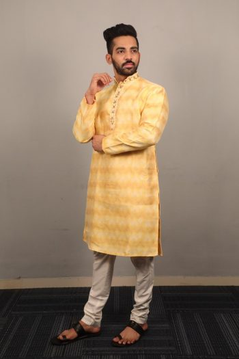 DESIGNER JACQUARD THREAD EMBROIDERY WORK KURTA PAYJAMA YELLOW