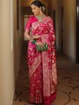 DESIGNER LICHI SILK JACQUARD WORK SAREE WITH UNSTITCHED BLOUSE PINK