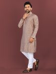DESIGNER SILK MULTI COLOUR EMBROIDERY FLOWER WORK WITH ALL OVER MATTE SEQUENCE KURTA PAYJAMA KHAKHI