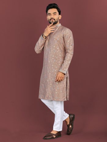 DESIGNER SILK MULTI COLOUR EMBROIDERY FLOWER WORK WITH ALL OVER MATTE SEQUENCE KURTA PAYJAMA KHAKHI