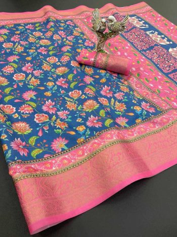DESIGNER SOFT DOLA COTTON  JACQUARD KANJIVARAM SAREE WITH UNSTITCHED BLOUSE BLUE
