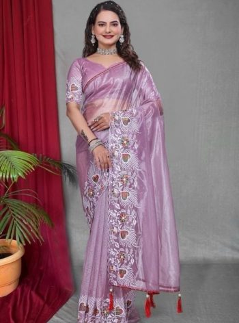 DESIGNER TWILL NET MULTI WORK SAREE WITH UNSTITCHED BLOUSE VIOLET