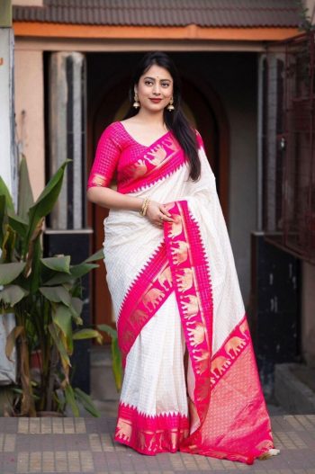 FASHIONABLE LICHI SILK JACQUARD WORK SAREE WITH UNSTITCHED BLOUSE PINK