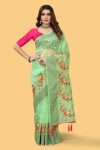 FASHIONABLE ORGANZA SILK THREAD AND ZARI-DORI WORK WITH STONE WORK SAREE WITH UNSTITCHED BLOUSE GREEN