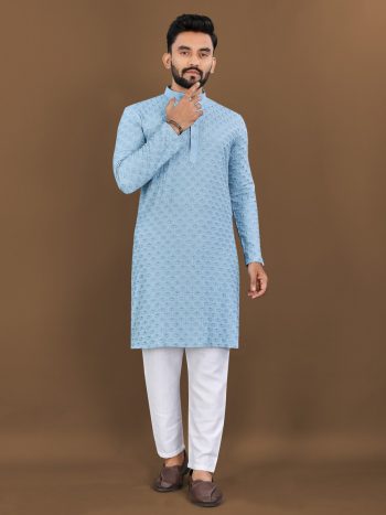 FASHIONABLE RAYON HEAVY EMBROIDERY WITH SEQUENCE WORK KURTA PAYJAMA SKY