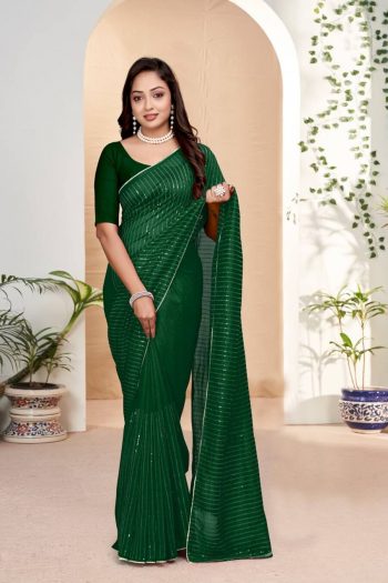 FASHIONABLE VICHITRA SILK EMBROIDERY-SEQUENCES WORK PIPING GOLD COLOUR LACE BORDER SAREE WITH UNSTITCHED BLOUSE GREEN