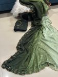 MODERN CHINON PADDING RICH CUT DANA AND MOTI FLOWERS HANDWORK BORDER SAREE WITH UNSTITCHED BLOUSE GREEN