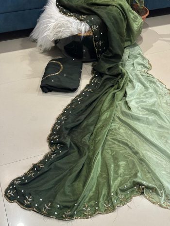 MODERN CHINON PADDING RICH CUT DANA AND MOTI FLOWERS HANDWORK BORDER SAREE WITH UNSTITCHED BLOUSE GREEN