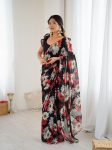 MODERN GEORGETTE PRINTED WITH MIRROR WORK SAREE WITH UNSTITCHED BLOUSE BLACK