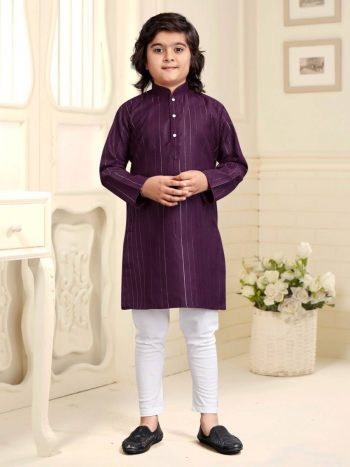 TRADITIONAL COTTON SILVER WEAVING LINE KID'S WEAR KURTA WITH PAYJAMA WINE