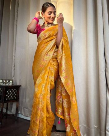 ATTRACTIVE LICHI SILK JACQUARD WORK SAREE WITH UNSITICHED BLOUSE YELLOW