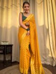 5ATTRACTIVE LICHI SILK JACQUARD WORK SAREE WITH UNSTITCHED BLOUSE FESTIVAL WEAR WHOLE SALE PRICE ETHNIC GARMENT (104)