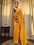 ATTRACTIVE LICHI SILK JACQUARD WORK SAREE WITH UNSTITCHED BLOUSE YELLOW