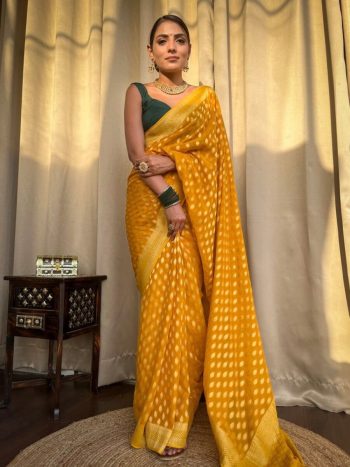 ATTRACTIVE LICHI SILK JACQUARD WORK SAREE WITH UNSTITCHED BLOUSE YELLOW
