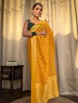 5ATTRACTIVE LICHI SILK JACQUARD WORK SAREE WITH UNSTITCHED BLOUSE FESTIVAL WEAR WHOLE SALE PRICE ETHNIC GARMENT (104)