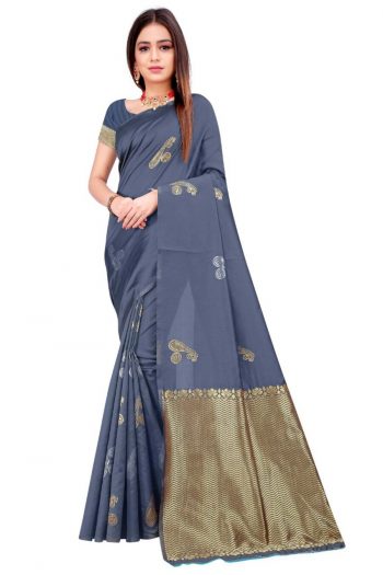 ATTRACTIVE LICHI SILK JACQUARD WORK SAREE WITH UNSTITCHED BLOUSE GREY