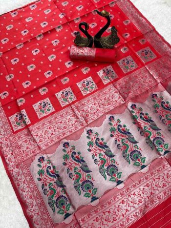 ATTRACTIVE PAITHANI SILK ZARI MEENAKARI WEAVING SAREE WITH UNSTITCHED BLOUSE RED