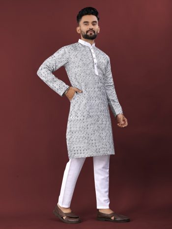 ATTRACTIVE SILK MULTI COLOUR THREAD EMBROIDERY WITH SEQUENCE WORK KURTA PAYJAMA GREY