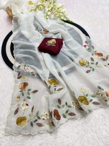 DESIGNER CRUNCHY CHIFFON MULTI COLOR PATCH AND HANDWORK BORDER SAREE WITH UNSTITCHED BLOUSE WHITE