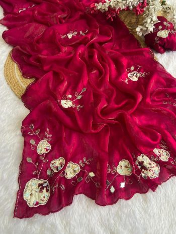 DESIGNER FENDY SATIN HAND WORK AND PATCH WORK SAREE WITH UNSTITCHED BLOUSE RED
