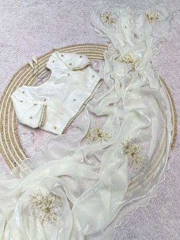 DESIGNER FENDY SATTIN KHATLI CUT DANA HANDWORK WITH ARCO BORDER SAREE WITH UNSTITCHED BLOUSE WHITE