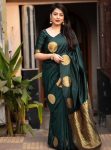 DESIGNER LICHI SILK JACQUARD WORK SAREE WITH UNSTITCHED BLOUSE GREEN