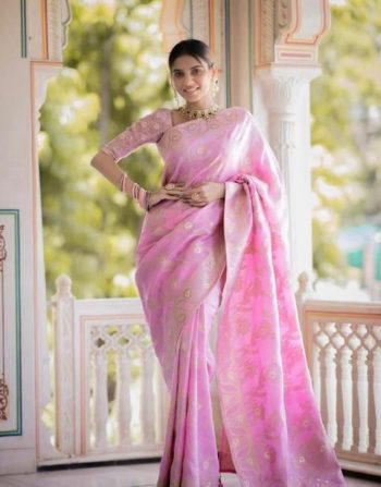 DESIGNER LICHI SILK JACQUARD WORK SAREE WITH UNSTITCHED BLOUSE BABY PINK