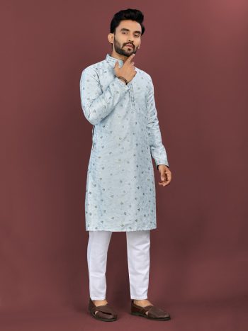 DESIGNER SILK MULTI COLOUR EMBROIDERY FLOWER WORK WITH ALL OVER MATTE SEQUENCE KURTA PAYJAMA SKY