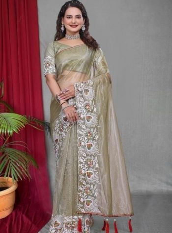 DESIGNER TWILL NET MULTI WORK SAREE WITH UNSTITCHED BLOUSE GREY