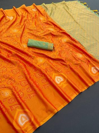 FASHIONABLE BANARASI SILK COPPER ZARI WORK SAREE WITH UNSTITCHED BLOUSE ORANGE