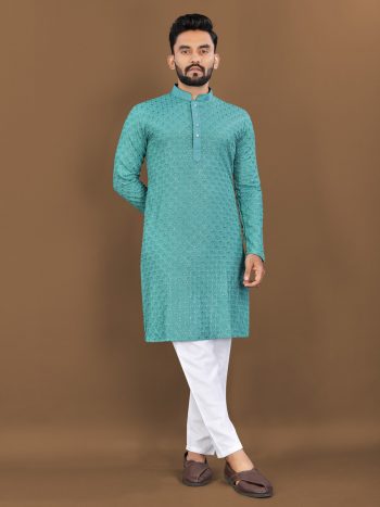 FASHIONABLE RAYON HEAVY EMBROIDERY WITH SEQUENCE WORK KURTA PAYJAMA RAMA