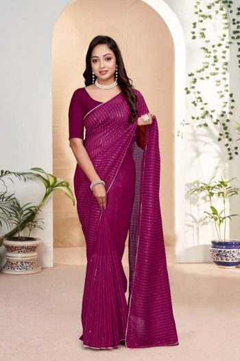 FASHIONABLE VICHITRA SILK EMBROIDERY-SEQUENCES WORK PIPING GOLD COLOUR LACE BORDER SAREE WITH UNSTITCHED BLOUSE WINE