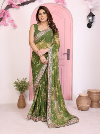 LATEST GEORGETTE RAJWADI BANDHEJ PRINT WITH EMBROIDERY WORK SAREE WITH UNSTITCHED BLOUSE PISTA