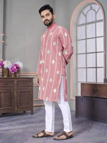 LATEST ROYAL LINEN EMROIDERY WITH SEQUENCE WORK  KURTA PAYJAMA PINK