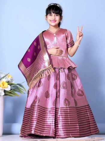 NEW ARRIVAL JACQUARD WEAVING WORK KID'S TOP LEHENGA WITH DUPATTA BABY PINK
