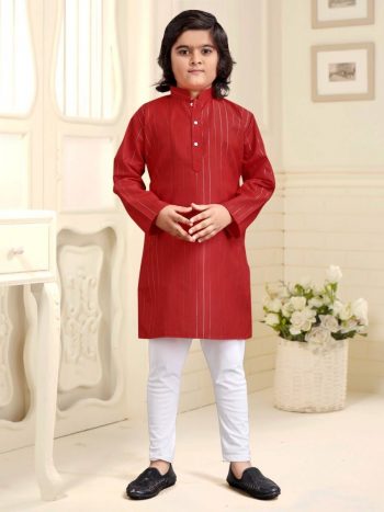 TRADITIONAL COTTON SILVER WEAVING LINE KID'S WEAR KURTA WITH PAYJAMA PEACH