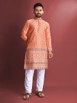 ATTRACTIVE JACQUARD SILK AMBOJ WORK WITH DAAMAN CONCEPT BORDER KURTA PAYJAMA ORANGE
