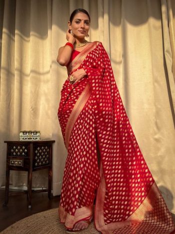 ATTRACTIVE LICHI SILK JACQUARD WORK SAREE WITH UNSTITCHED BLOUSE RED