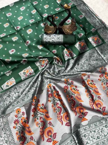 ATTRACTIVE PAITHANI SILK ZARI MEENAKARI WEAVING SAREE WITH UNSTITCHED BLOUSE GREEN