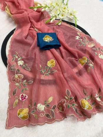 DESIGNER CRUNCHY CHIFFON MULTI COLOR PATCH AND HANDWORK BORDER SAREE WITH UNSTITCHED BLOUSE PEACH